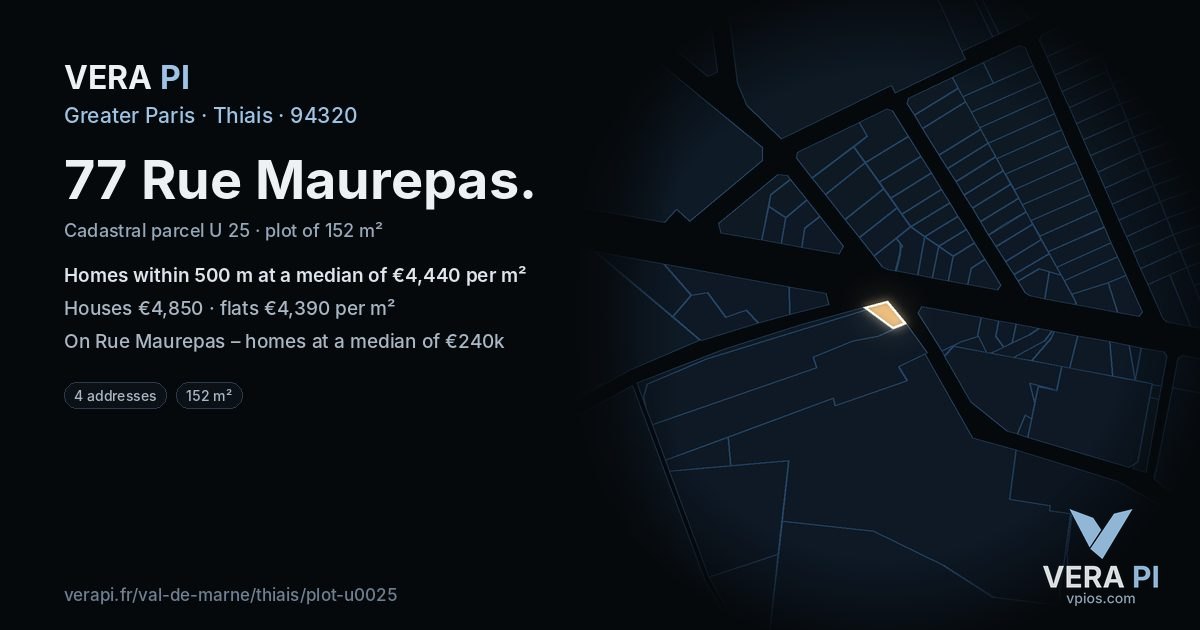 77 Rue Maurepas, Thiais at night – the plot lit, the parcels around coloured by the prices near them