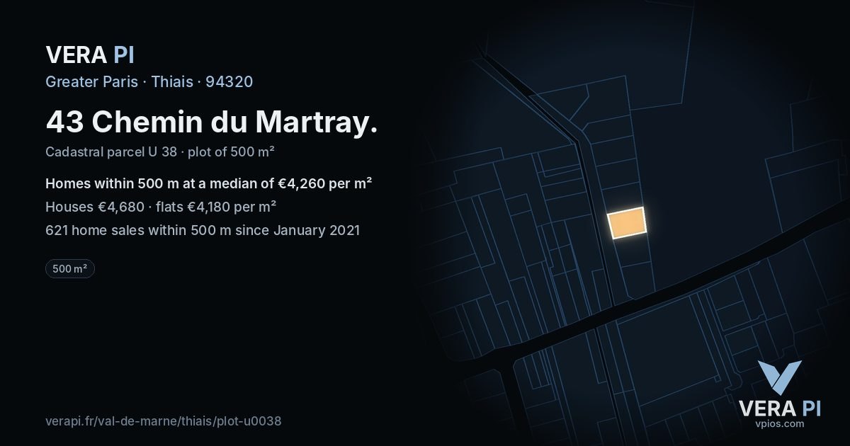 43 Chemin du Martray, Thiais at night – the plot lit, the parcels around coloured by the prices near them