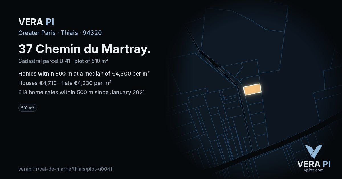 37 Chemin du Martray, Thiais at night – the plot lit, the parcels around coloured by the prices near them