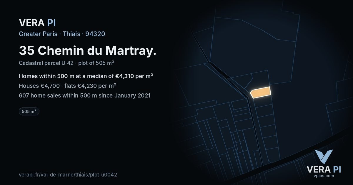 35 Chemin du Martray, Thiais at night – the plot lit, the parcels around coloured by the prices near them