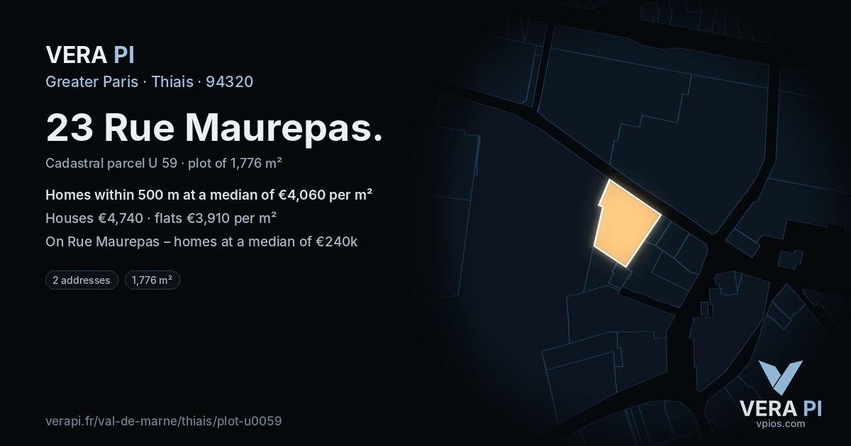 23 Rue Maurepas, Thiais at night – the plot lit, the parcels around coloured by the prices near them