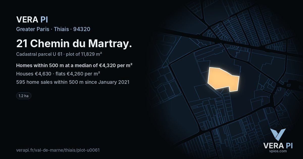 21 Chemin du Martray, Thiais at night – the plot lit, the parcels around coloured by the prices near them