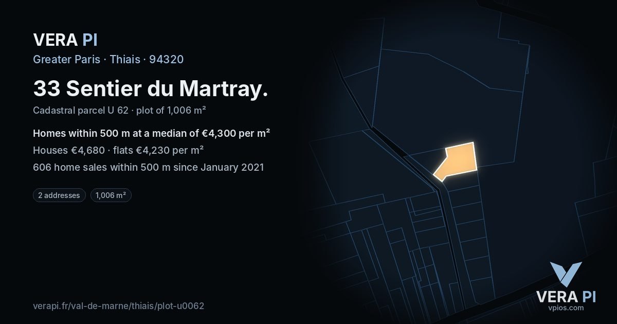 33 Sentier du Martray, Thiais at night – the plot lit, the parcels around coloured by the prices near them