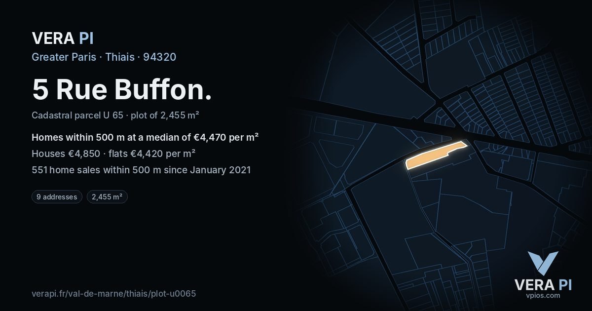 5 Rue Buffon, Thiais at night – the plot lit, the parcels around coloured by the prices near them