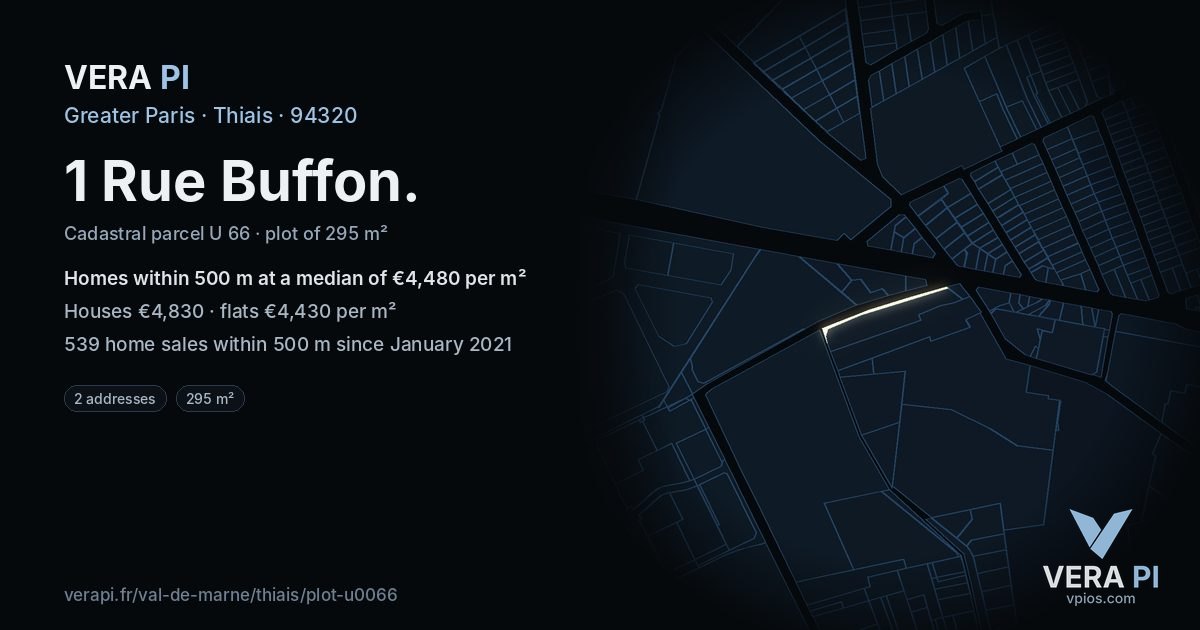 1 Rue Buffon, Thiais at night – the plot lit, the parcels around coloured by the prices near them