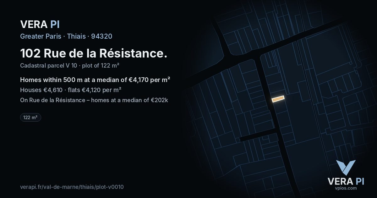 102 Rue de la Résistance, Thiais at night – the plot lit, the parcels around coloured by the prices near them