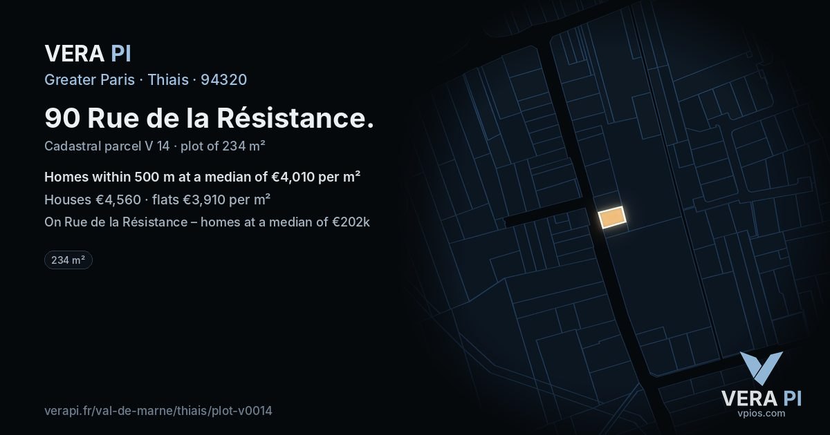 90 Rue de la Résistance, Thiais at night – the plot lit, the parcels around coloured by the prices near them