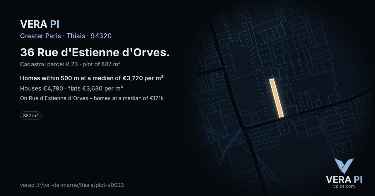 36 Rue d'Estienne d'Orves, Thiais at night – the plot lit, the parcels around coloured by the prices near them