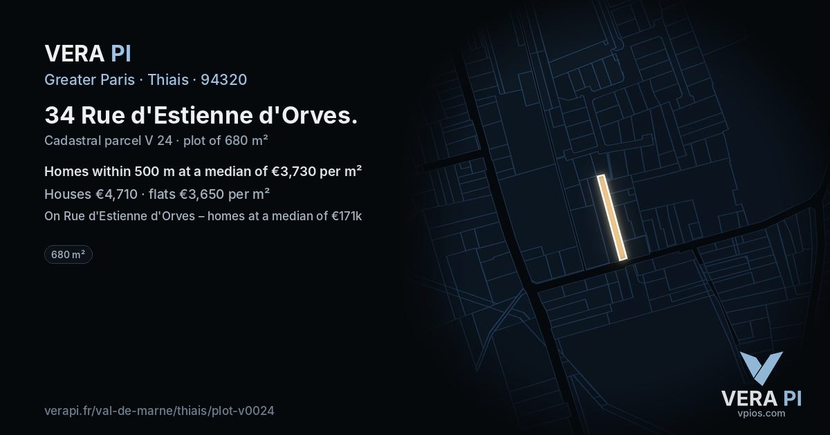 34 Rue d'Estienne d'Orves, Thiais at night – the plot lit, the parcels around coloured by the prices near them