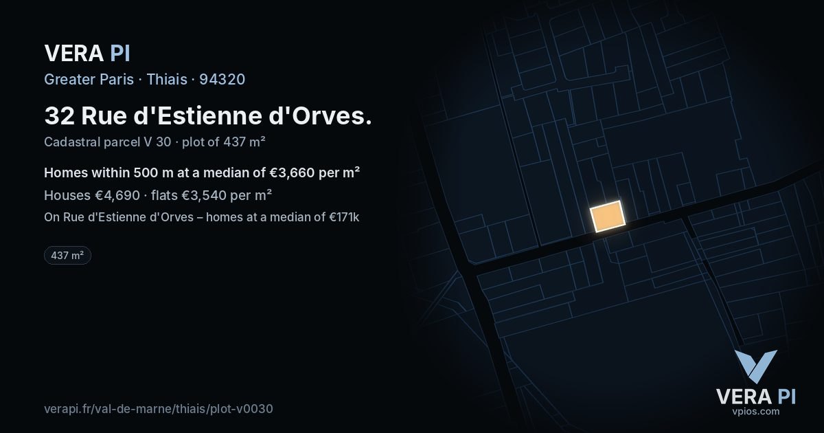 32 Rue d'Estienne d'Orves, Thiais at night – the plot lit, the parcels around coloured by the prices near them
