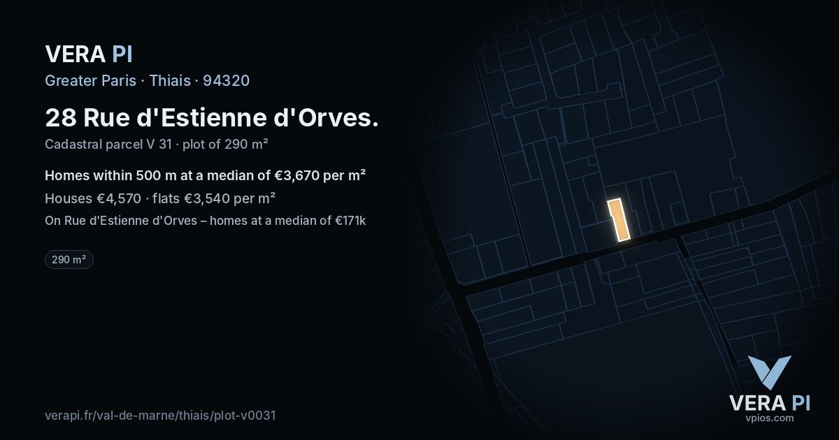 28 Rue d'Estienne d'Orves, Thiais at night – the plot lit, the parcels around coloured by the prices near them