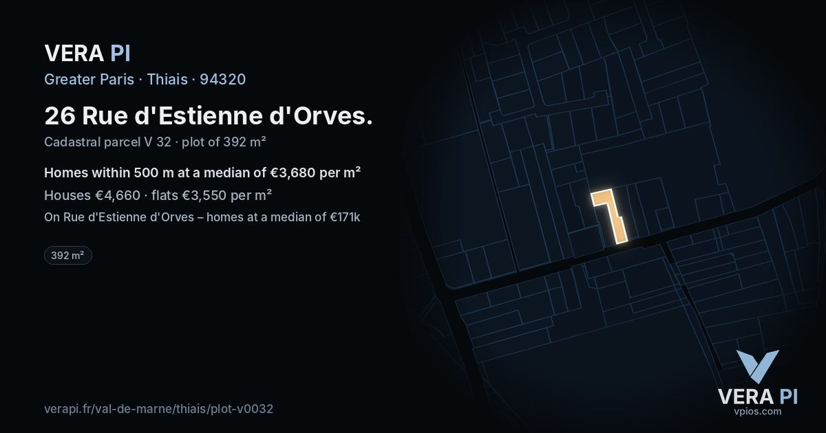 26 Rue d'Estienne d'Orves, Thiais at night – the plot lit, the parcels around coloured by the prices near them
