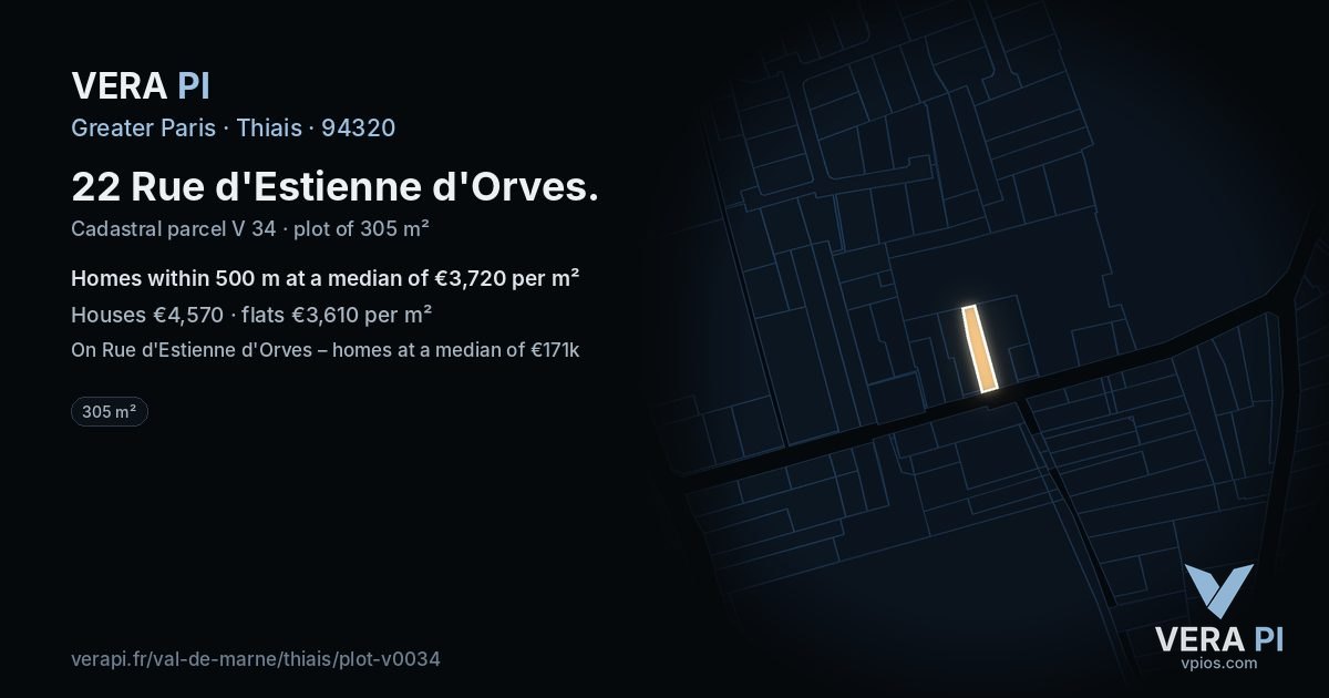 22 Rue d'Estienne d'Orves, Thiais at night – the plot lit, the parcels around coloured by the prices near them