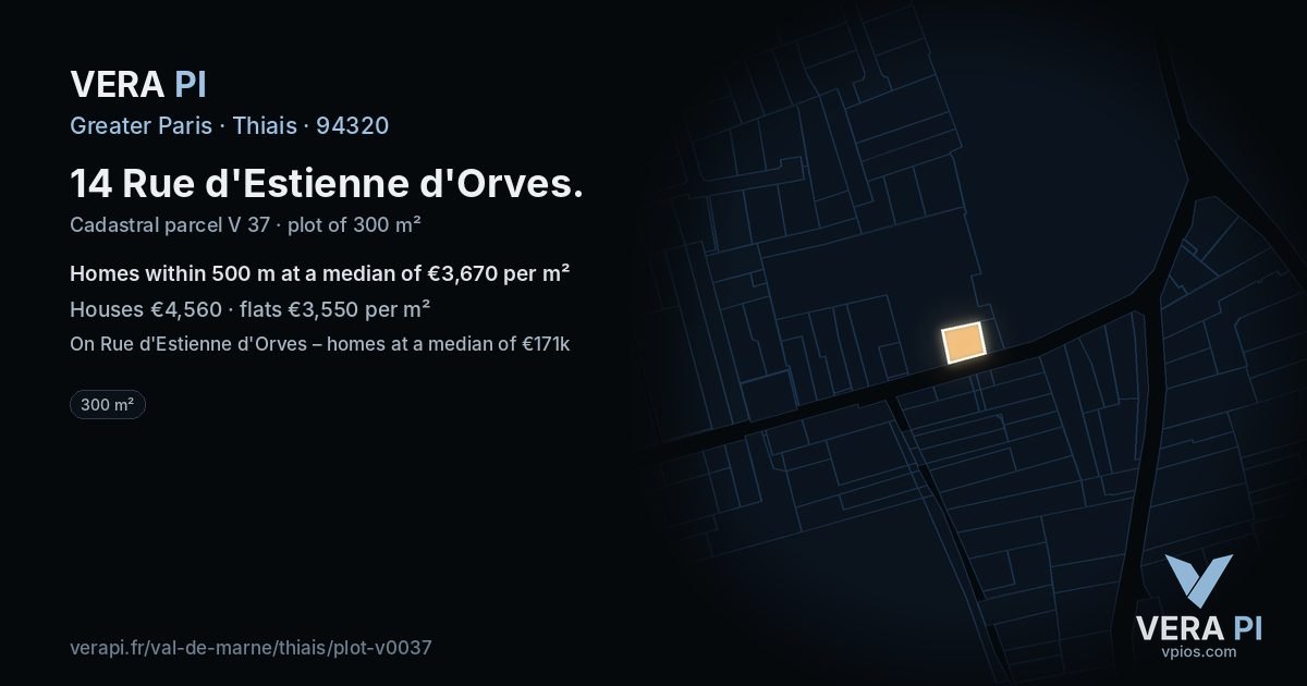 14 Rue d'Estienne d'Orves, Thiais at night – the plot lit, the parcels around coloured by the prices near them