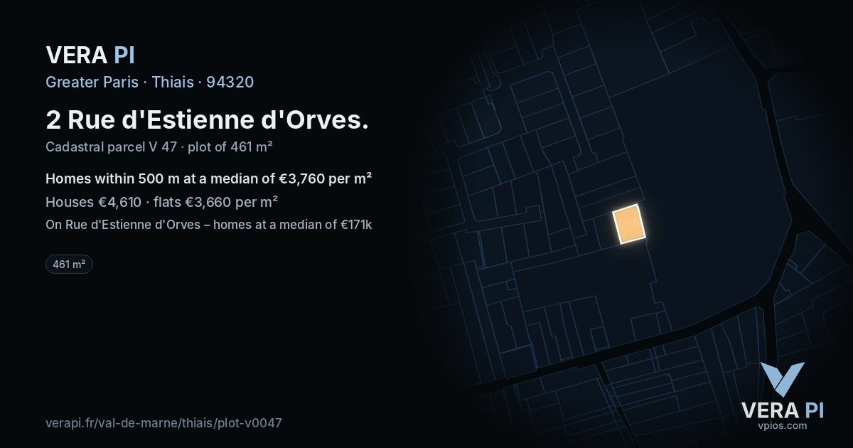 2 Rue d'Estienne d'Orves, Thiais at night – the plot lit, the parcels around coloured by the prices near them