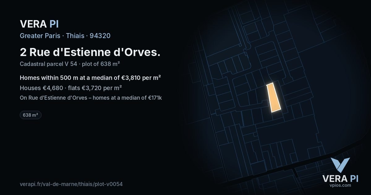 2 Rue d'Estienne d'Orves, Thiais at night – the plot lit, the parcels around coloured by the prices near them