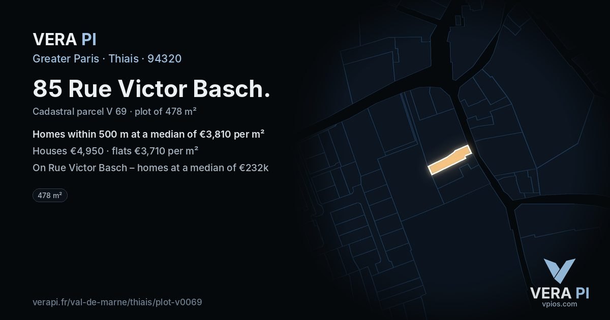 85 Rue Victor Basch, Thiais at night – the plot lit, the parcels around coloured by the prices near them