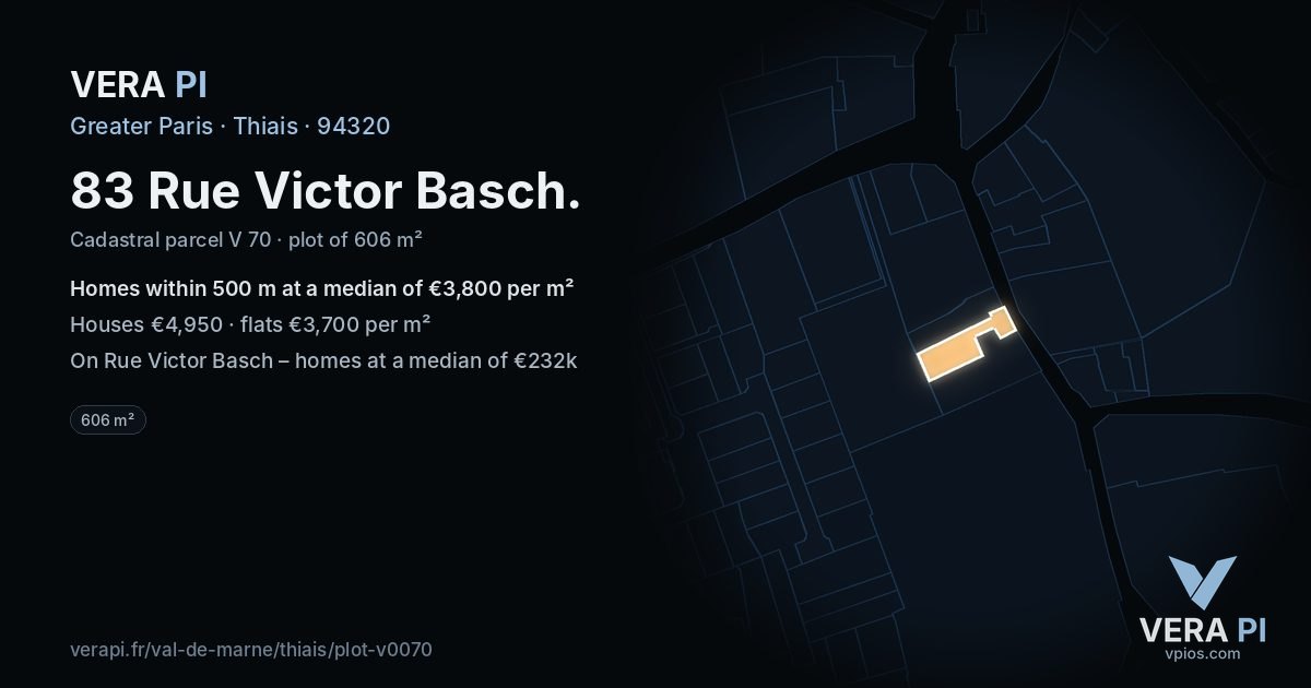 83 Rue Victor Basch, Thiais at night – the plot lit, the parcels around coloured by the prices near them