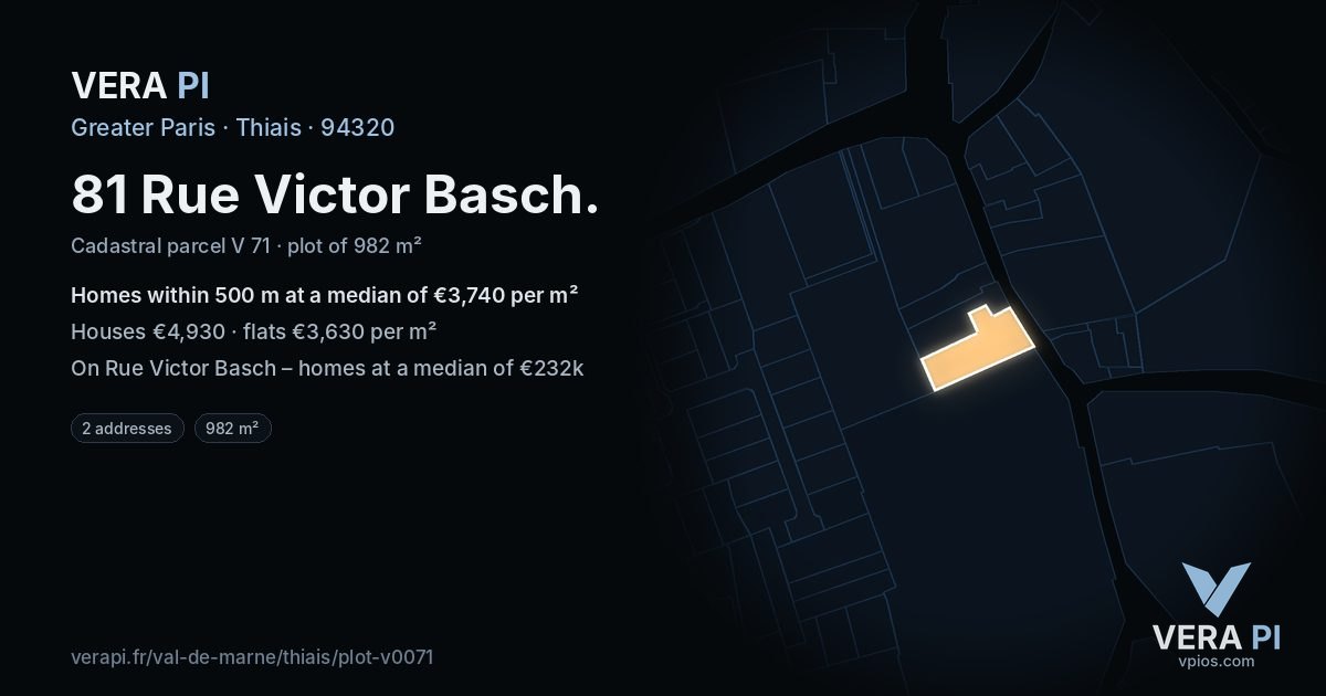 81 Rue Victor Basch, Thiais at night – the plot lit, the parcels around coloured by the prices near them