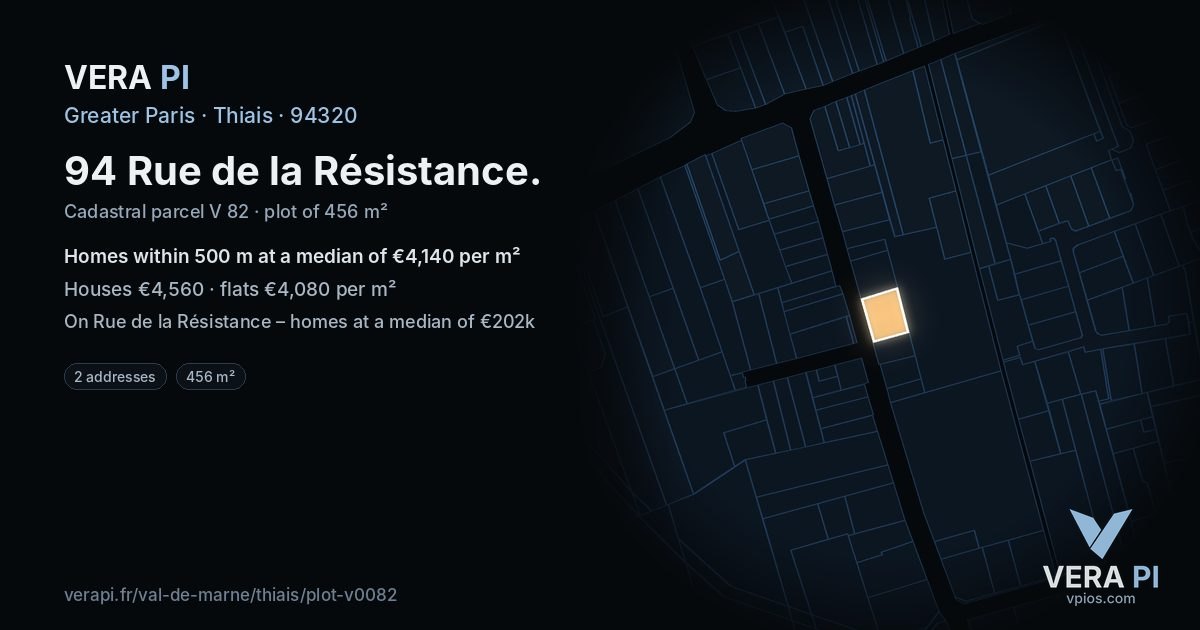 94 Rue de la Résistance, Thiais at night – the plot lit, the parcels around coloured by the prices near them