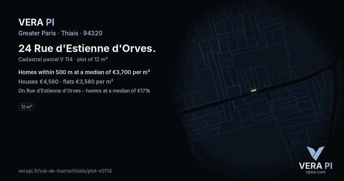 24 Rue d'Estienne d'Orves, Thiais at night – the plot lit, the parcels around coloured by the prices near them