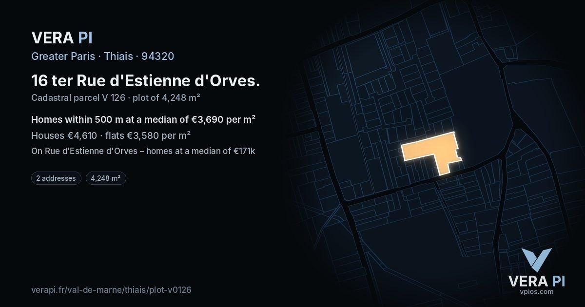 16 ter Rue d'Estienne d'Orves, Thiais at night – the plot lit, the parcels around coloured by the prices near them