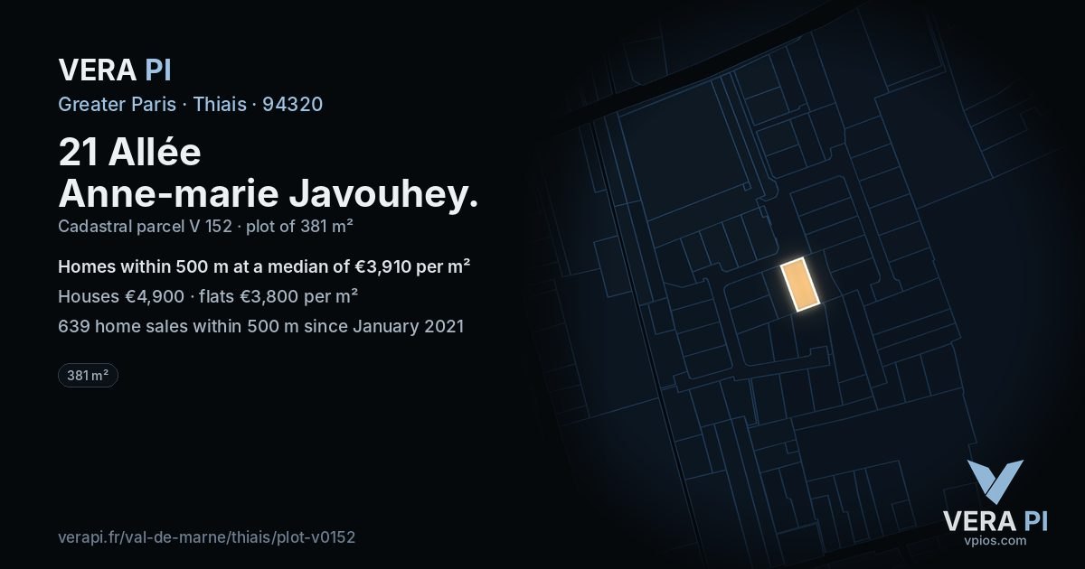 21 Allée Anne-marie Javouhey, Thiais at night – the plot lit, the parcels around coloured by the prices near them