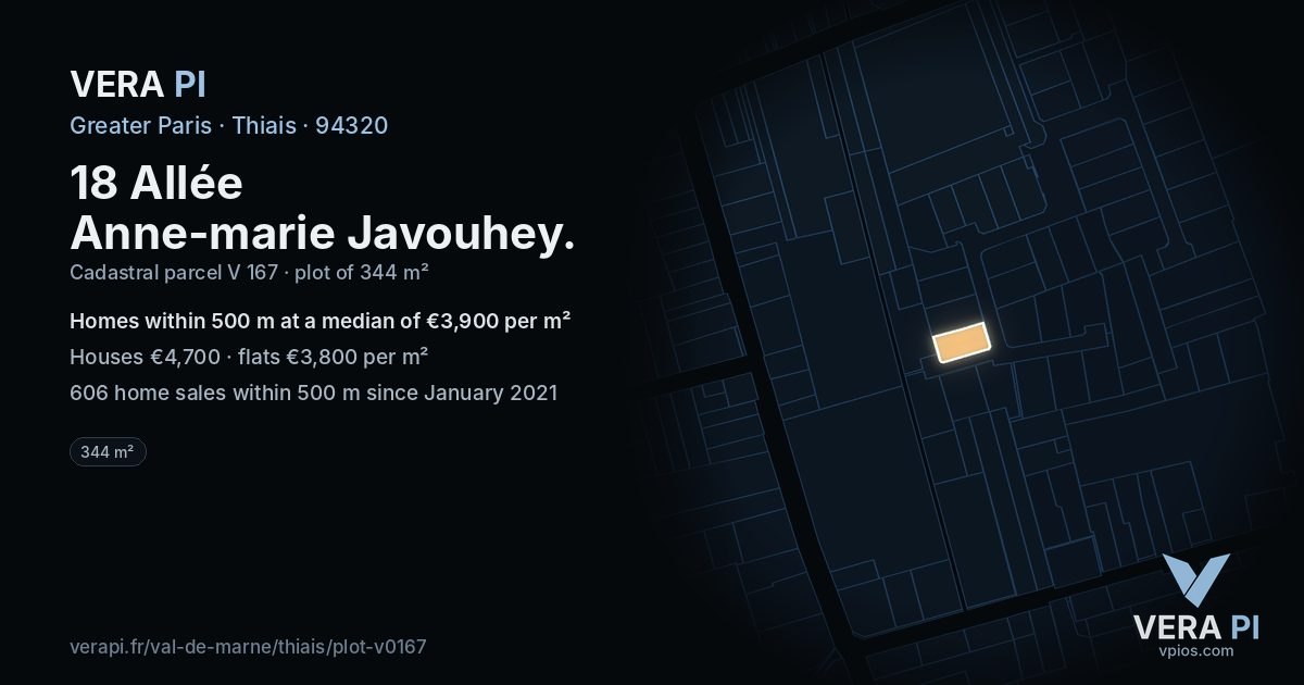 18 Allée Anne-marie Javouhey, Thiais at night – the plot lit, the parcels around coloured by the prices near them