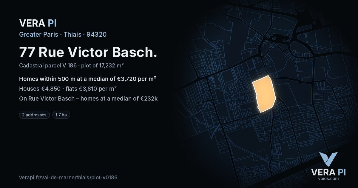 77 Rue Victor Basch, Thiais at night – the plot lit, the parcels around coloured by the prices near them