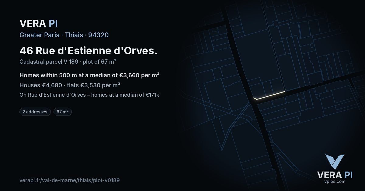 46 Rue d'Estienne d'Orves, Thiais at night – the plot lit, the parcels around coloured by the prices near them