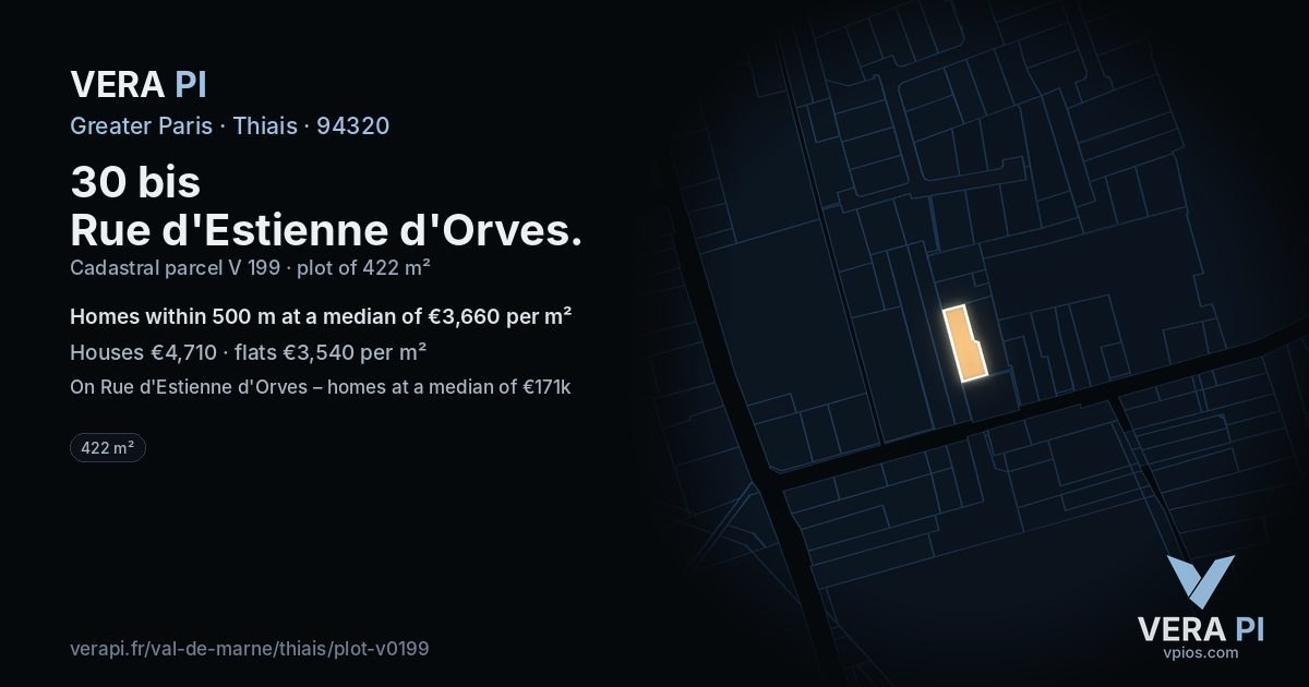 30 bis Rue d'Estienne d'Orves, Thiais at night – the plot lit, the parcels around coloured by the prices near them