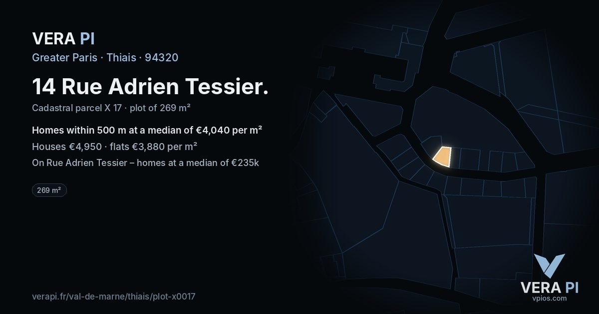 14 Rue Adrien Tessier, Thiais at night – the plot lit, the parcels around coloured by the prices near them