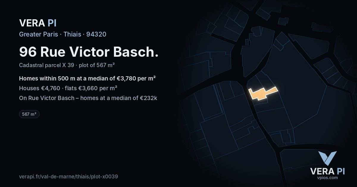 96 Rue Victor Basch, Thiais at night – the plot lit, the parcels around coloured by the prices near them