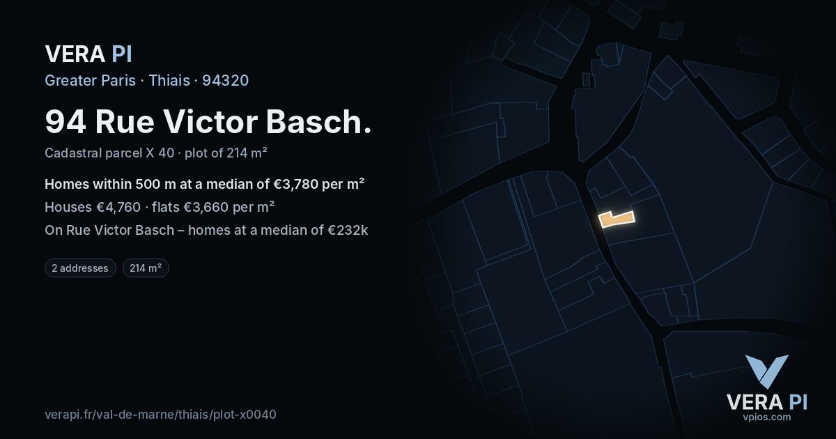 94 Rue Victor Basch, Thiais at night – the plot lit, the parcels around coloured by the prices near them