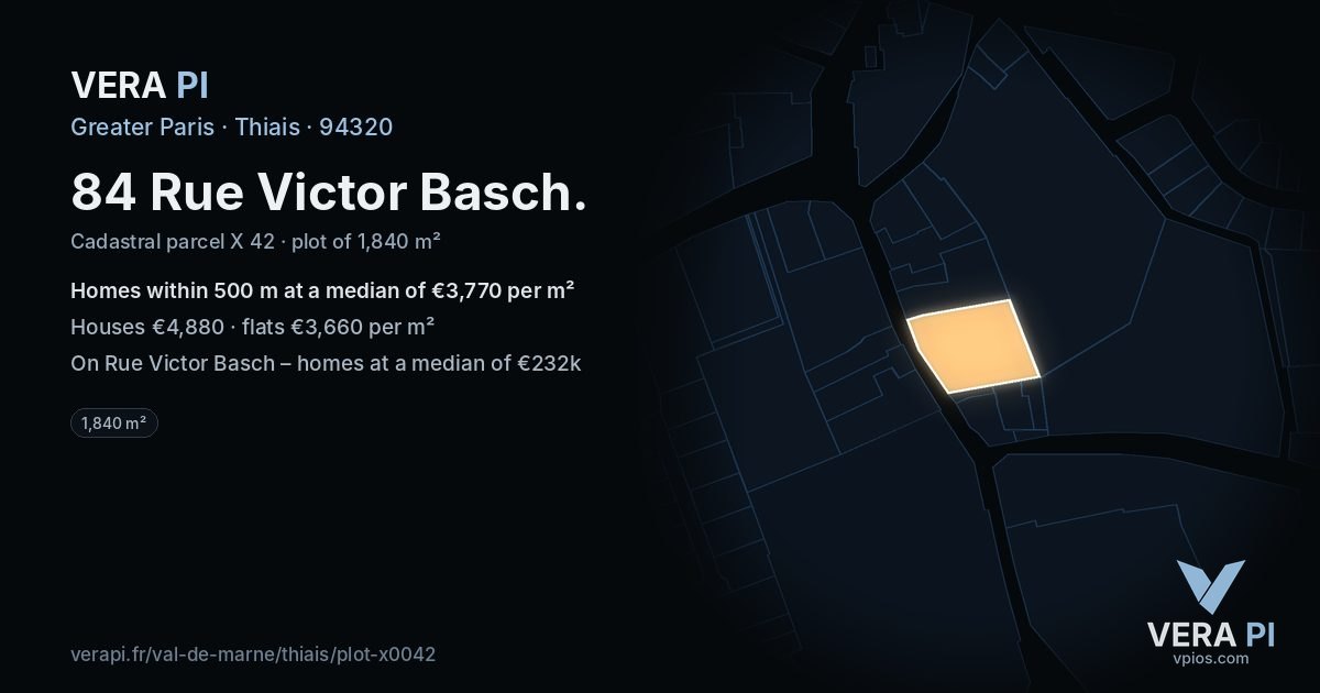 84 Rue Victor Basch, Thiais at night – the plot lit, the parcels around coloured by the prices near them