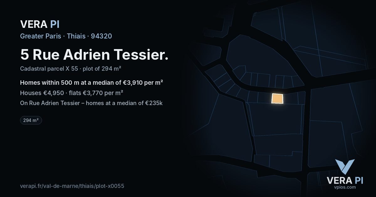 5 Rue Adrien Tessier, Thiais at night – the plot lit, the parcels around coloured by the prices near them
