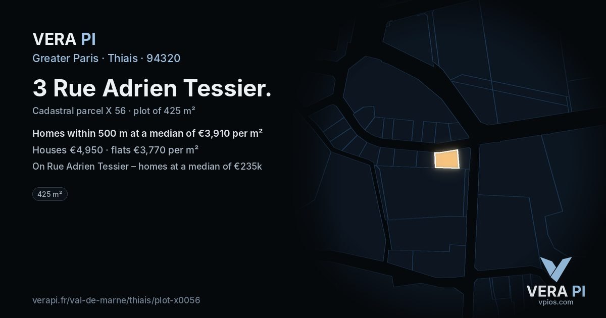 3 Rue Adrien Tessier, Thiais at night – the plot lit, the parcels around coloured by the prices near them
