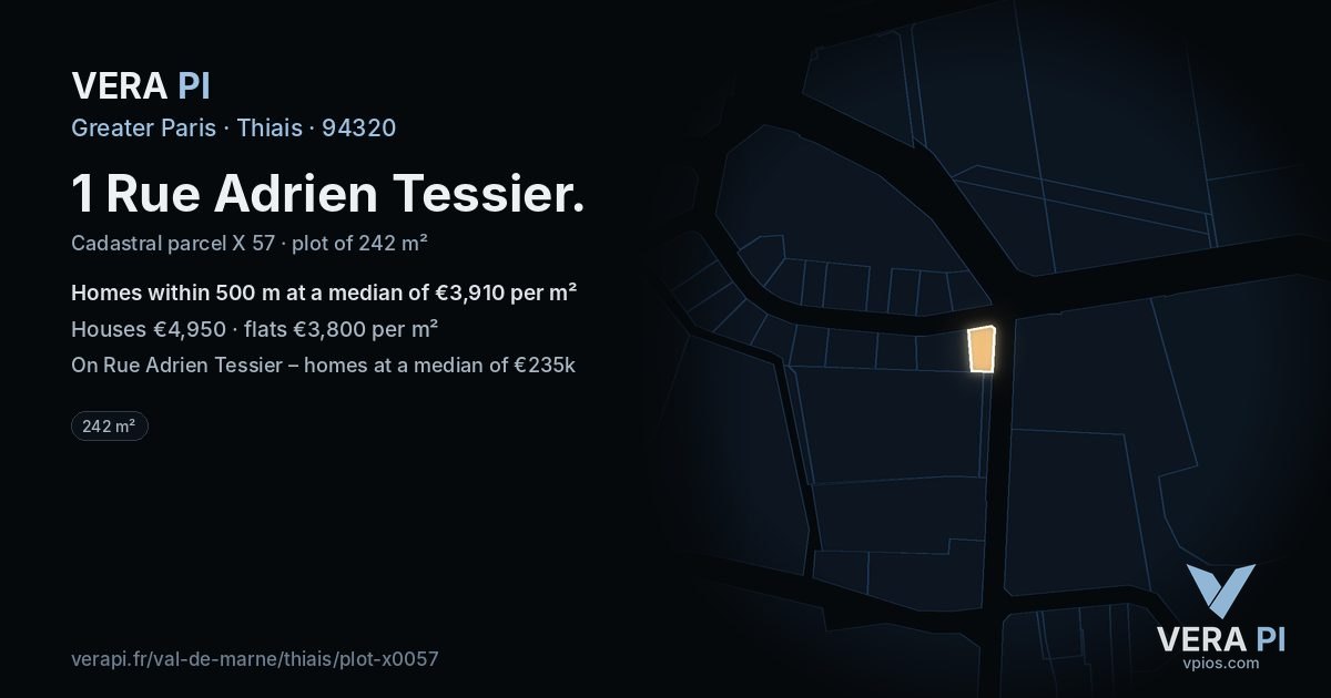 1 Rue Adrien Tessier, Thiais at night – the plot lit, the parcels around coloured by the prices near them