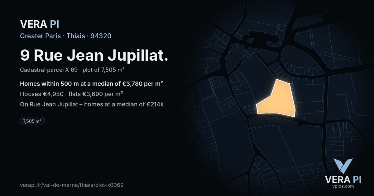 9 Rue Jean Jupillat, Thiais at night – the plot lit, the parcels around coloured by the prices near them