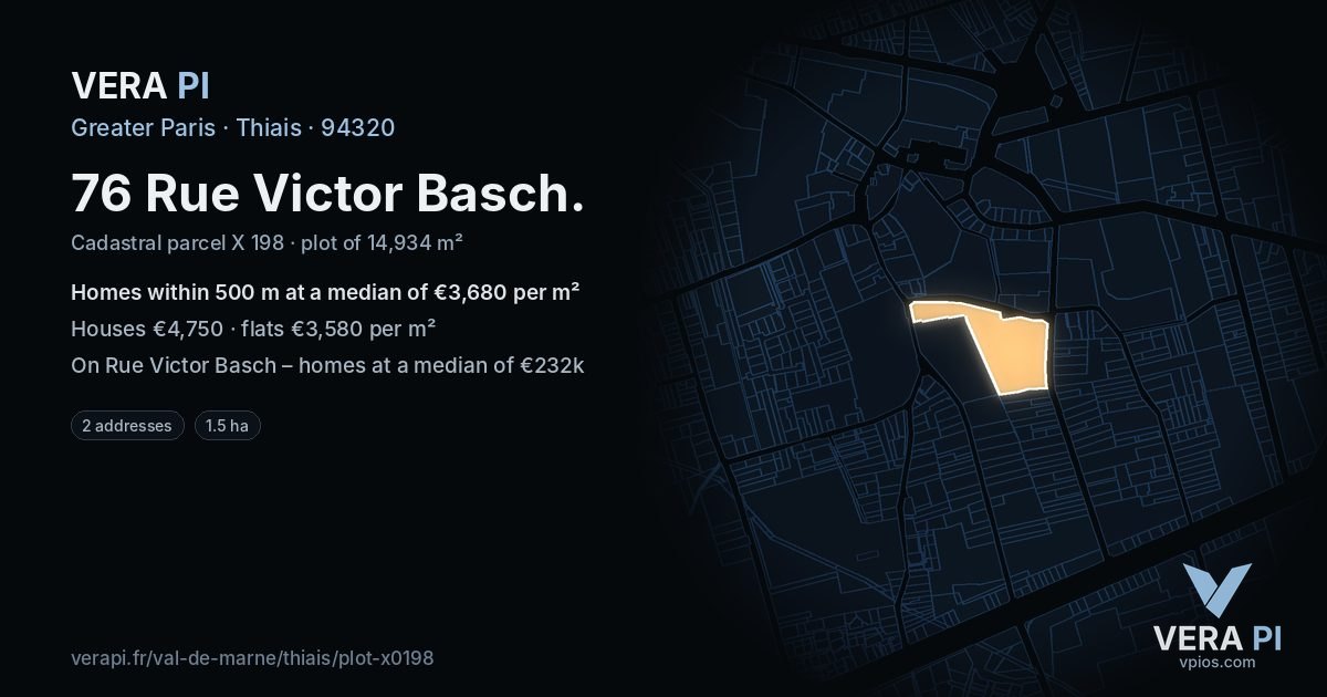76 Rue Victor Basch, Thiais at night – the plot lit, the parcels around coloured by the prices near them