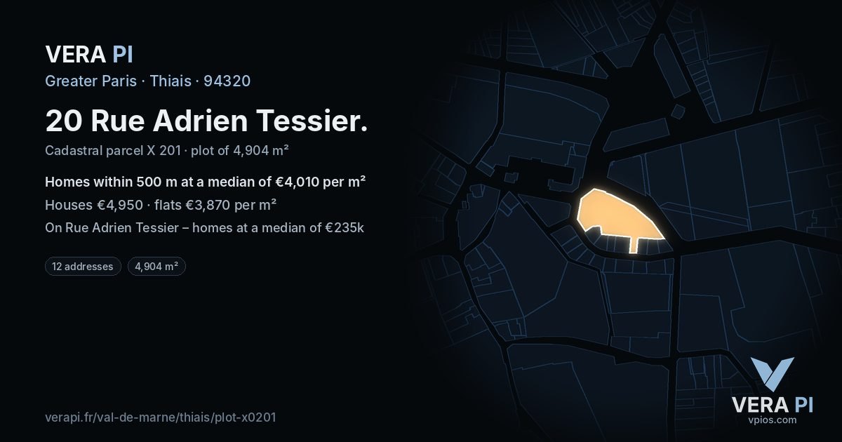 20 Rue Adrien Tessier, Thiais at night – the plot lit, the parcels around coloured by the prices near them