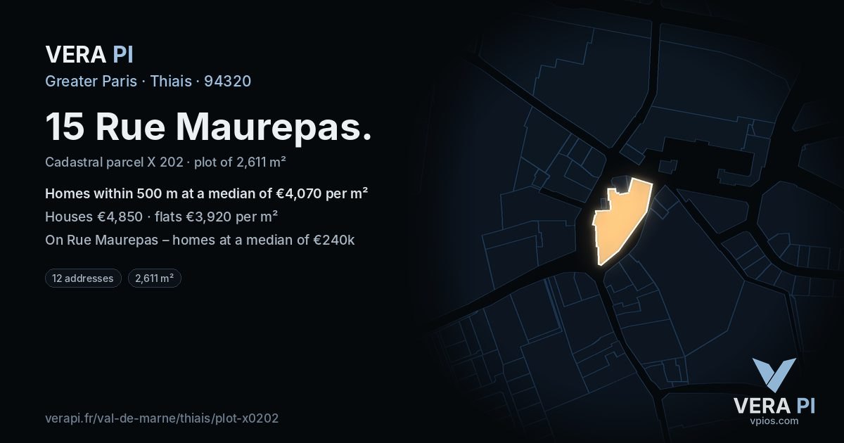 15 Rue Maurepas, Thiais at night – the plot lit, the parcels around coloured by the prices near them