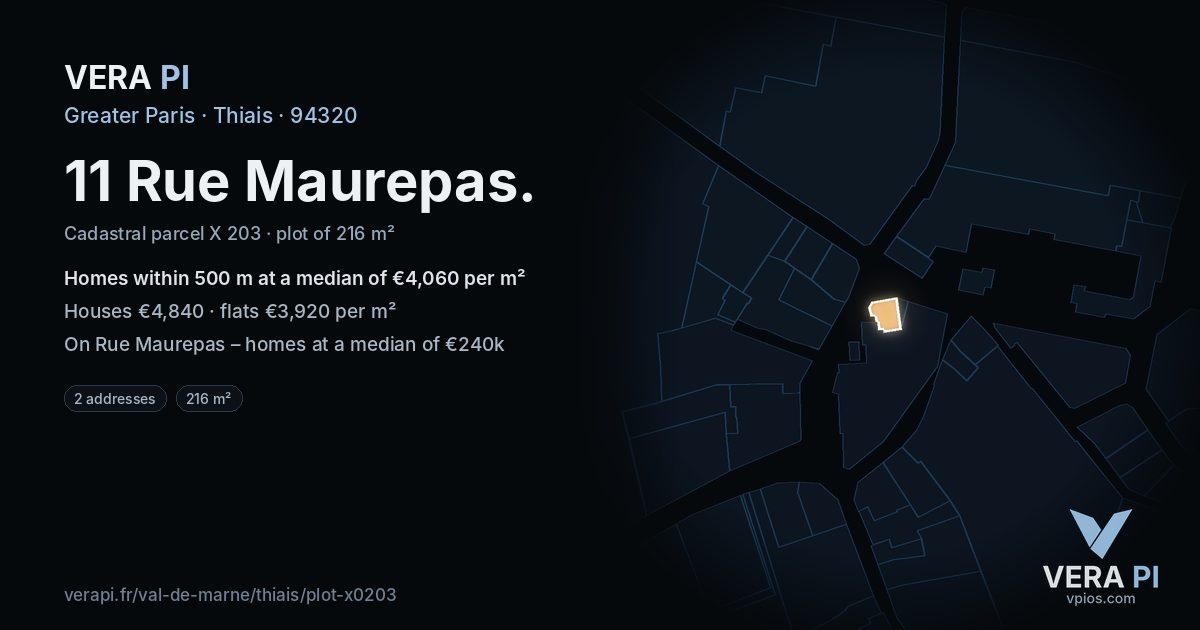 11 Rue Maurepas, Thiais at night – the plot lit, the parcels around coloured by the prices near them