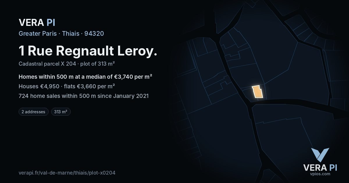 1 Rue Regnault Leroy, Thiais at night – the plot lit, the parcels around coloured by the prices near them