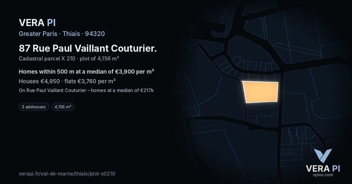 87 Rue Paul Vaillant Couturier, Thiais at night – the plot lit, the parcels around coloured by the prices near them