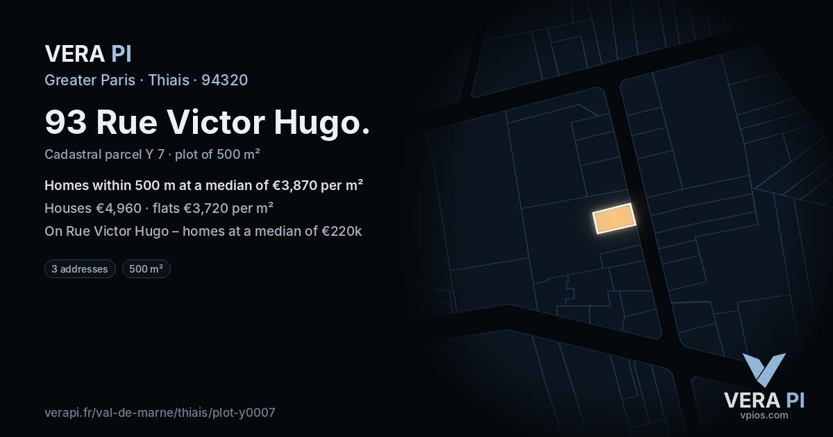 93 Rue Victor Hugo, Thiais at night – the plot lit, the parcels around coloured by the prices near them