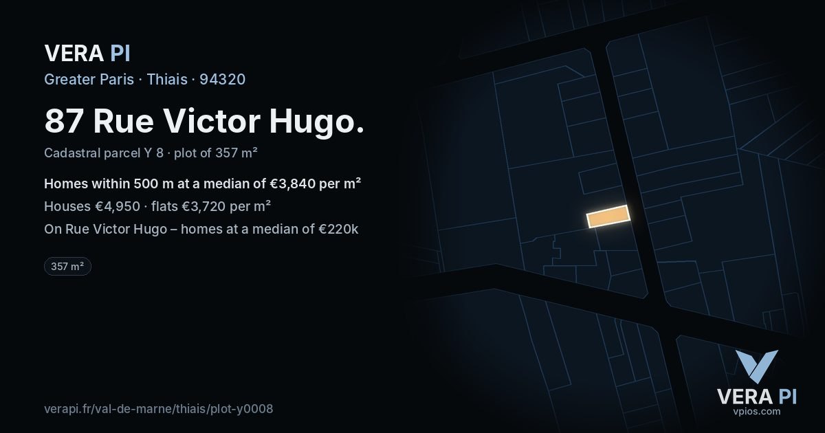 87 Rue Victor Hugo, Thiais at night – the plot lit, the parcels around coloured by the prices near them