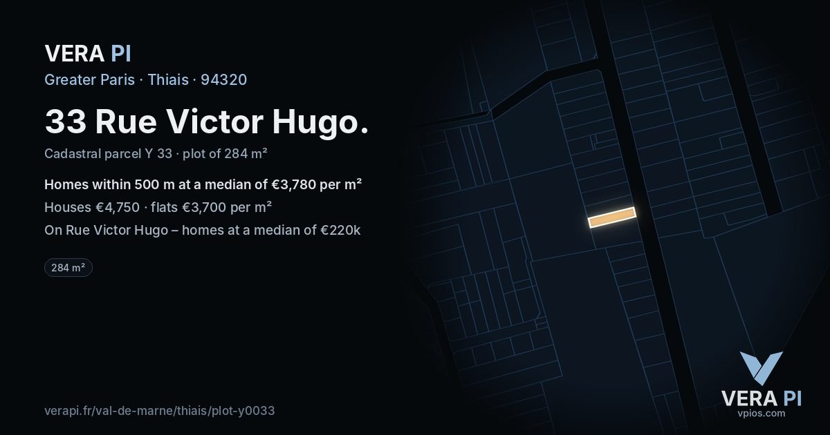 33 Rue Victor Hugo, Thiais at night – the plot lit, the parcels around coloured by the prices near them