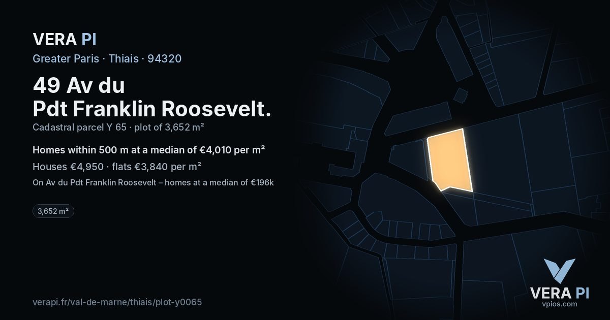 49 Av du Pdt Franklin Roosevelt, Thiais at night – the plot lit, the parcels around coloured by the prices near them