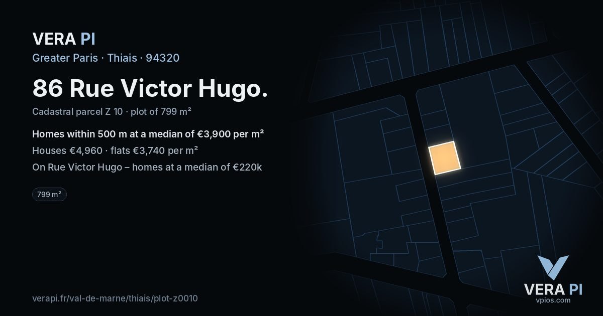86 Rue Victor Hugo, Thiais at night – the plot lit, the parcels around coloured by the prices near them